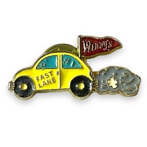 Vintage Wendy’s Enamel Tie Tack Pin Yellow VW Bug Wendy’s Flag Collectible